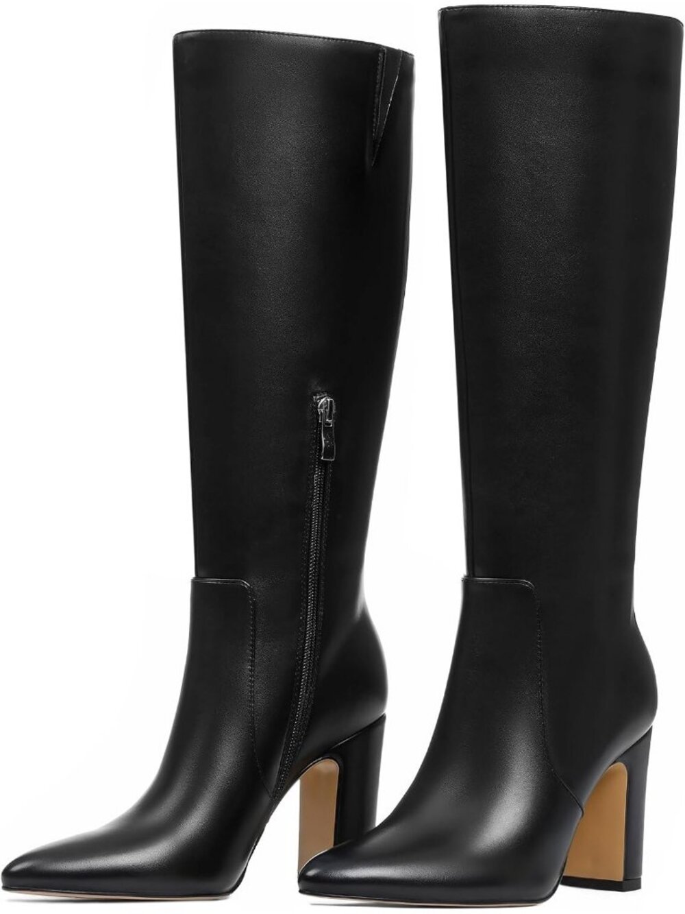 Women's Black Chunky Heel Wide Calf Pointed Toe Side Zip Fashion Knee High Boots